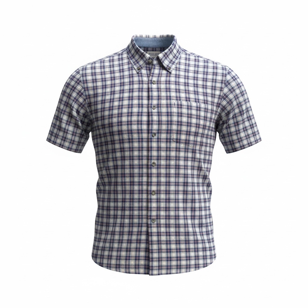 Vintage Bugle Boy Men’s Short-Sleeve Plaid Button-Down Shirt - Red White & Blue